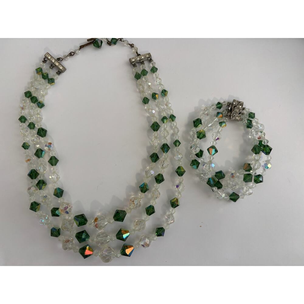 Vintage Aurora Borealis Faceted Beads Necklace & Bracelet Set Green & Clear
